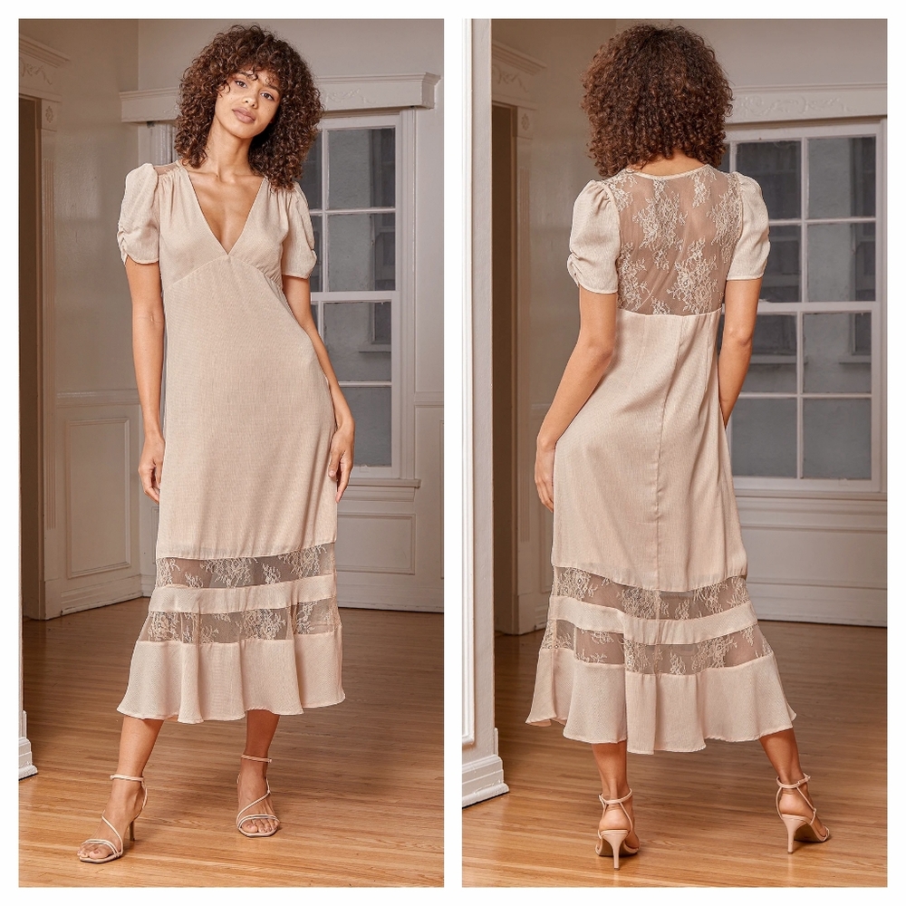 Lulus Precious Moments Sheer Lace Back Panel Short Sleeve Midi Dress XL Pink